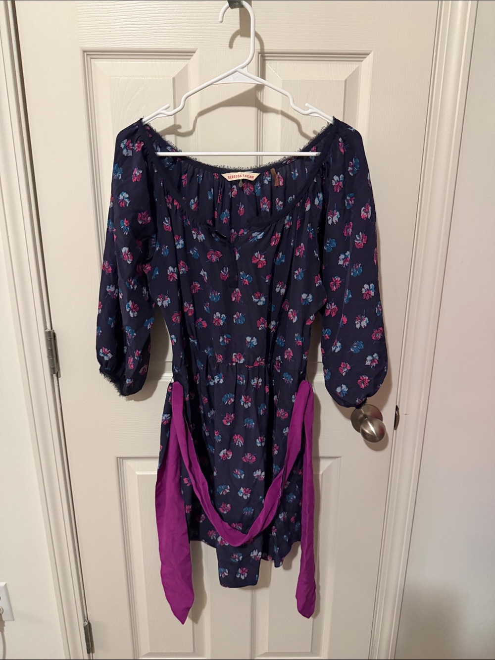Rebecca Taylor Navy Floral Off-Shoulder Dress with Purple Sash
